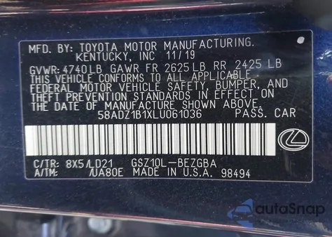 2020 Lexus Es 350 из США, поврежденный, VIN 58ADZ1B1XLU061036